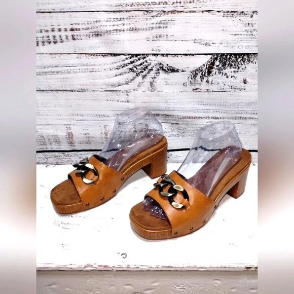 White Mountain Jem Footbeds Clog Shoe in Tan size 9 Retro Wood Slide Heel Chunky - Picture 2 of 6